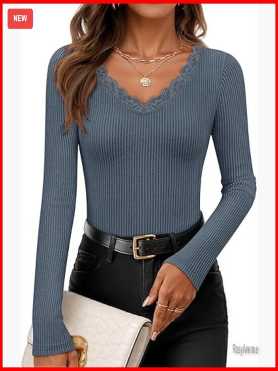 Tops - Women's Long Sleeve Lace V-Neck Slim Fit Going Out Tops Ribbed Knit Blouse